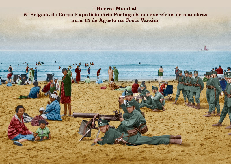 I Guerra Mundial. 6ª Brigada do Corpo Expedicionário Português em exercícios de manobras num 15 de Agosto na Costa Varzim.